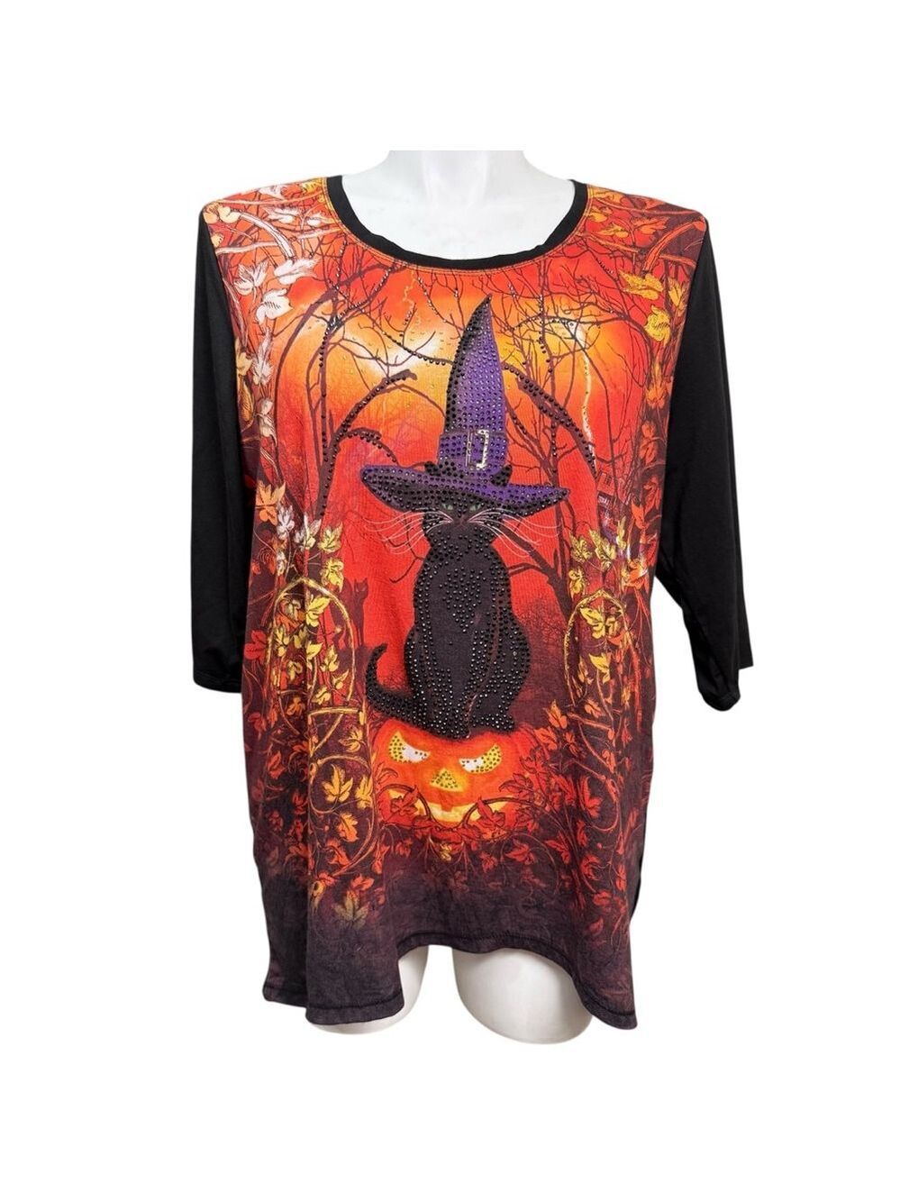 Onque Casual Black Cat Witch Hat Halloween Top Size 1X